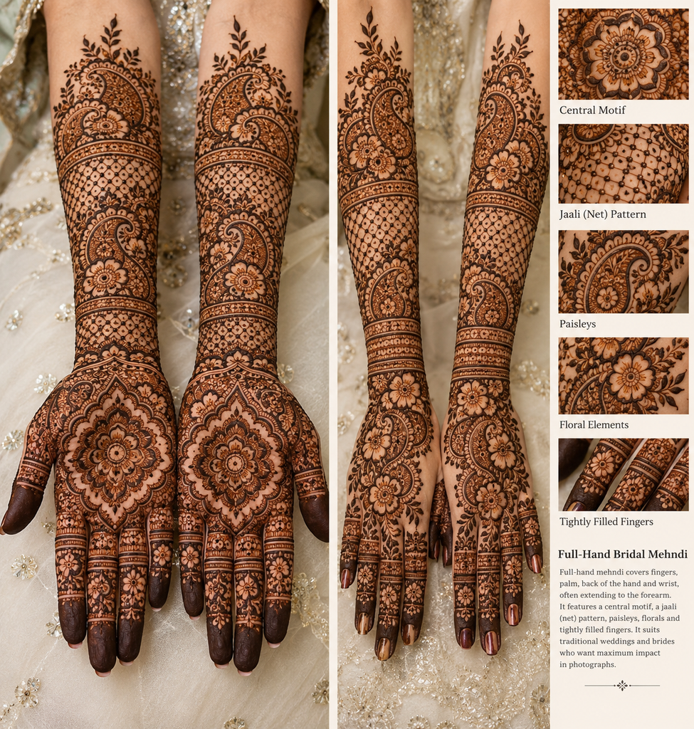 Full-hand bridal mehndi design 2026 with jaali and floral motifs