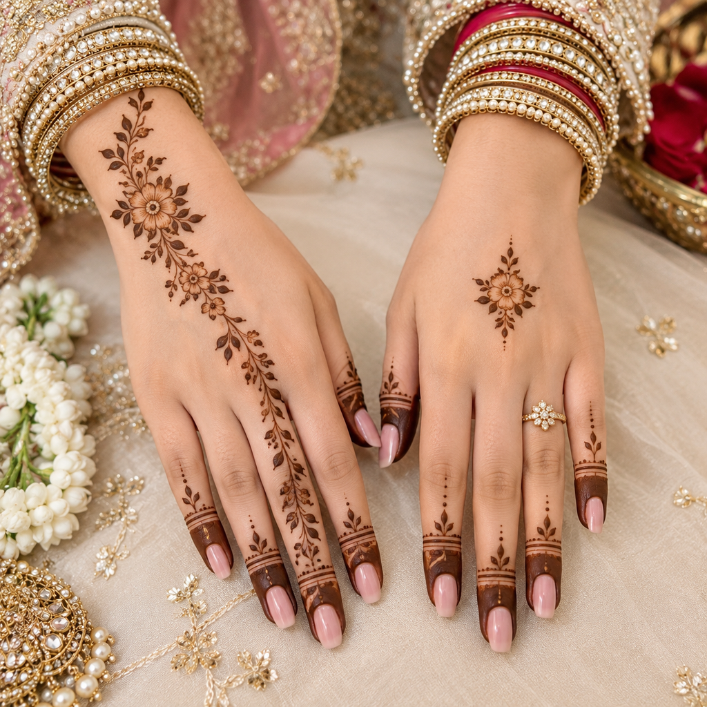 Minimalist Bridal Mehndi

Minimalist bridal mehndi uses a single floral trail, fingertip designs, a cuff or a small palm motif. It suits brides with heavy bangles and jewellery, small hands or a modern wedding style. It is also the most comfortable option if you cannot sit for hours.