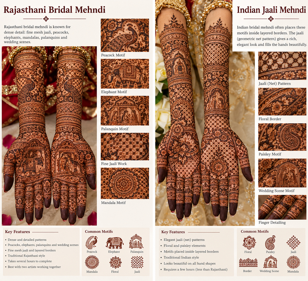 Rajasthani bridal mehndi with peacock and doli motif